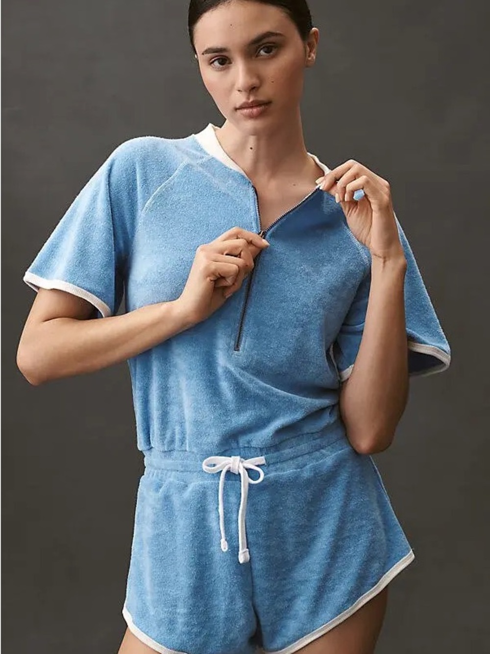Light Blue Terry Short Zip-Front Romper